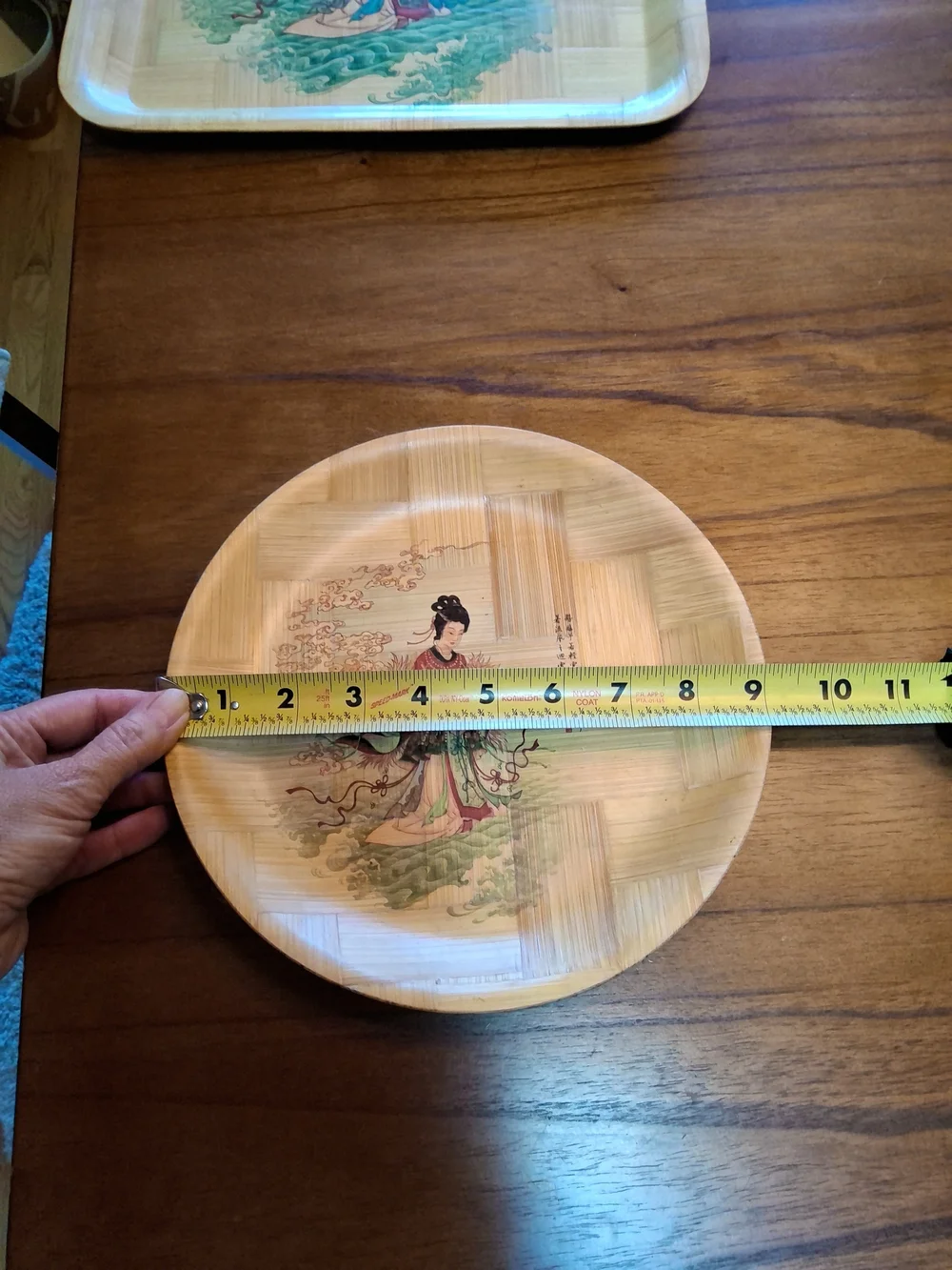 1960's Painted Bamboo Plates, Set of 3. 1 Large Square + 2 Round. Wall Decor